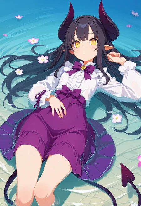 masterpiece, best quality,1girl, solo, long hair, looking at viewer, skirt, black hair, long sleeves, dress, bow, ribbon, tail, yellow eyes, white shirt, flower, lying, horns, pointy ears, on back, water, demon tail, partially submerged, purple skirt, purple bow