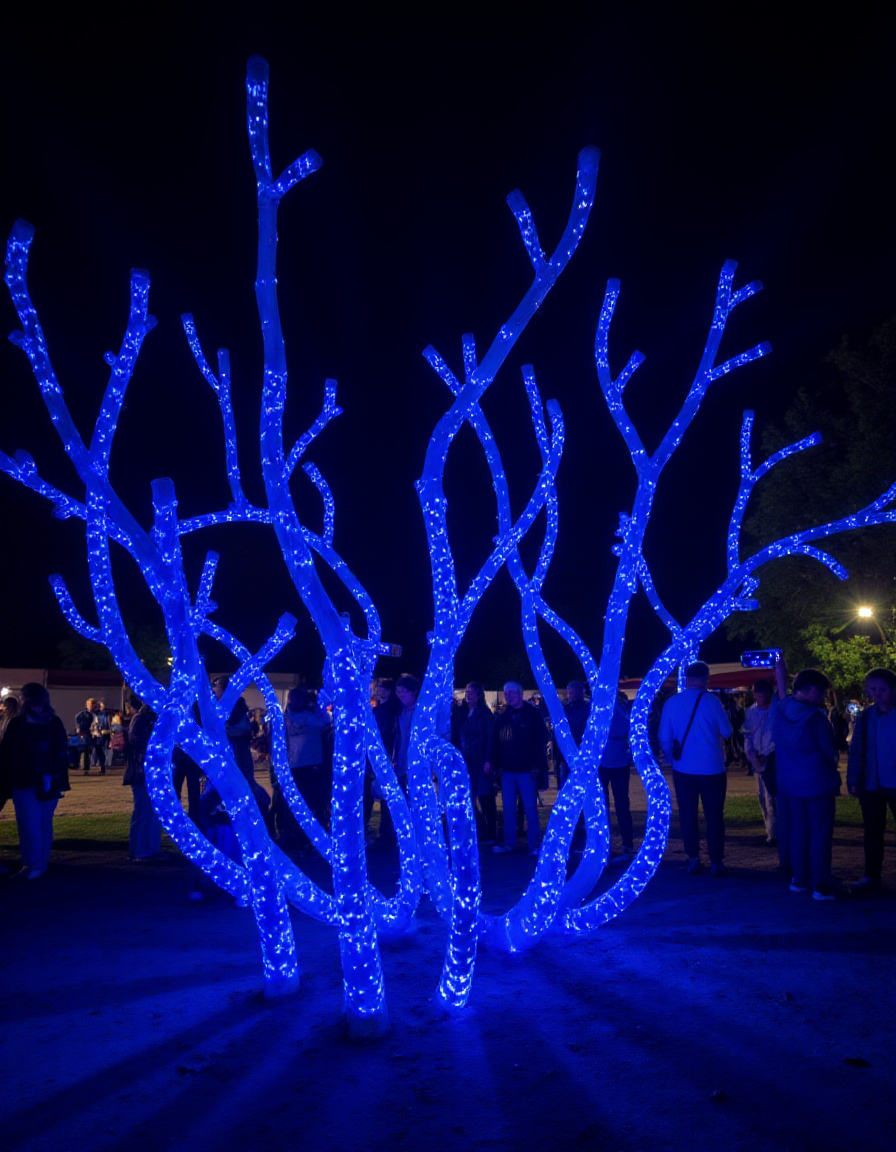 An outdoor installation of flexible, resin-coated poles shaped like coral branches. The resin is embedded with phosphorescent pigments that glow faintly in the dark, while UV lights placed discreetly in the environment amplify the effect. The poles sway gently with the wind, creating a glowing, pulsating scene reminiscent of an underwater coral reef. Small groups of viewers gather to take photos, captivated by the calming, surreal ambiance.
<lora:ral-kntcscptr-flux:1>