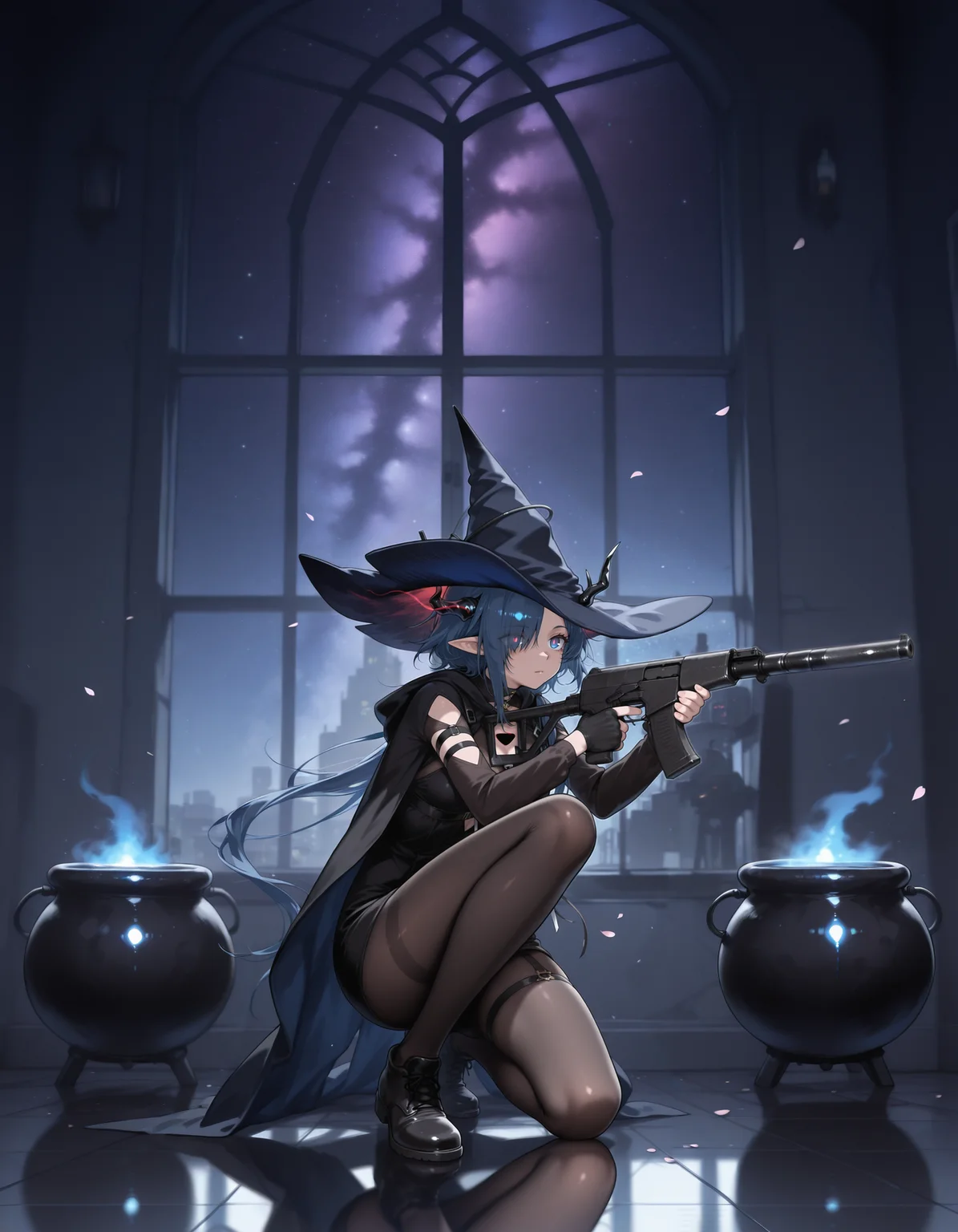 1girl, <lora:Ermengarde:0.6>, ermengarde \(arknights\), hole in chest, blue hair, blue eyes, red pupils, horns, witch hat, hair over one eye, as_val_x_vss, assault rifle, suppressor, holding rifle, aiming, <lora:as_val_x_vss_ill_v1.0:1>, reflective floor, black marble, detailed floor, starry sky, glowing eyes, glowing eye trail, standing, cauldron, green glowing, (neon palette), falling petals, indoors, huge window,