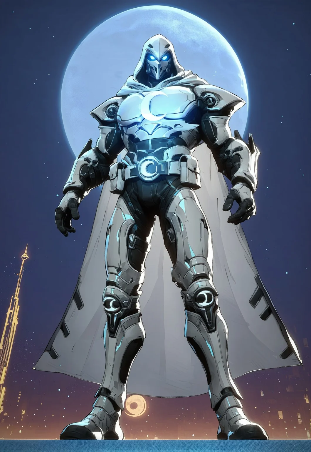 score_9, score_8_up, score_7_up, masterpiece, high quality,
Moon Knight, white cape, white hood, mask, blue glowing eyes, white armor, white suit, moon chest symbol, moon belt symbol, ankh knees symbol, full body, holding crescent dart, moon, star sky, night, from below