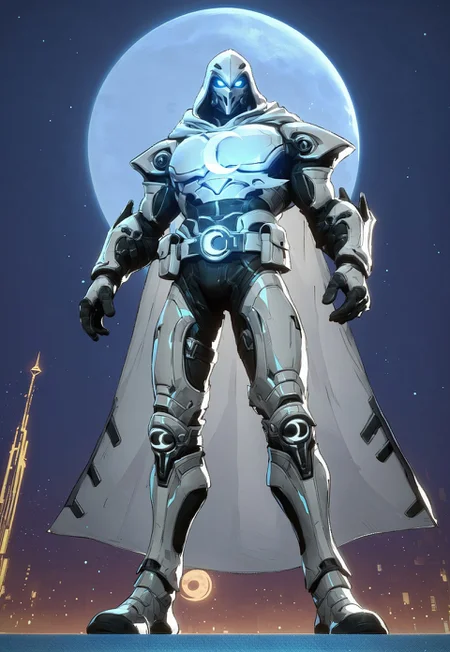 score_9, score_8_up, score_7_up, masterpiece, high quality,
Moon Knight, white cape, white hood, mask, blue glowing eyes, white armor, white suit, moon chest symbol, moon belt symbol, ankh knees symbol, full body, holding crescent dart, moon, star sky, night, from below