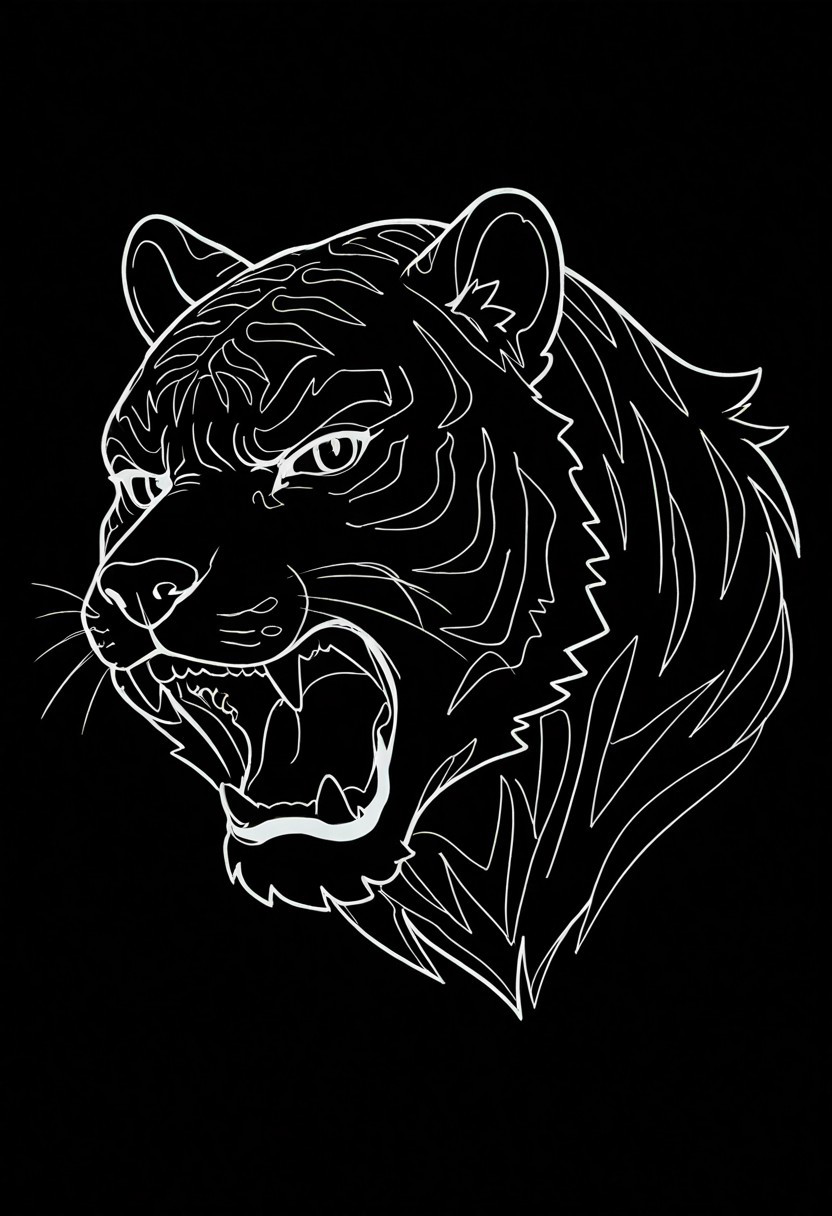 white line drawing of a tiger, (roaring, angry, furious), minimalist, black and white, close up, windy, black background, look at viewer,