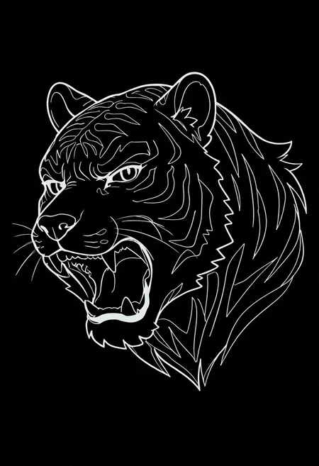 white line drawing of a tiger, (roaring, angry, furious), minimalist, black and white, close up, windy, black background, look at viewer,