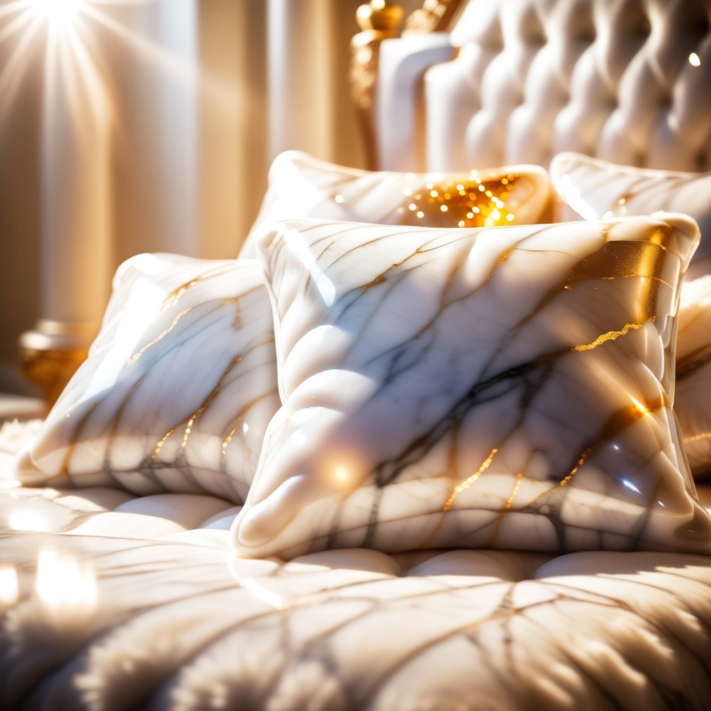 wholesome photo of comfortable and fluffy pillows made out of Jed-mrbl on a bed of gold, lightrays, godrays, lens flares, bokeh,