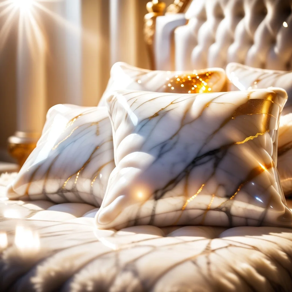wholesome photo of comfortable and fluffy pillows made out of Jed-mrbl on a bed of gold, lightrays, godrays, lens flares, bokeh,
