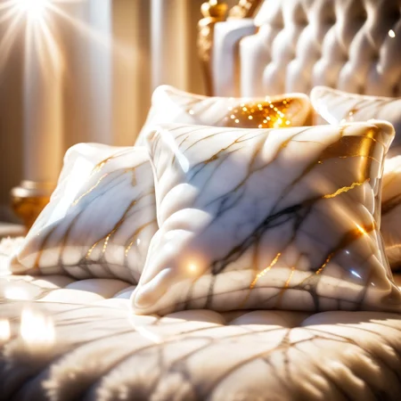 wholesome photo of comfortable and fluffy pillows made out of Jed-mrbl on a bed of gold, lightrays, godrays, lens flares, bokeh,