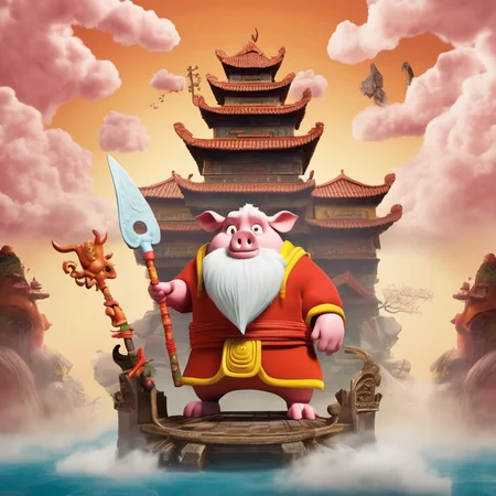 Aardman Animations Style,(Journey to the West),(Pigsy, wielding nine-toothed rake),(standing in Cloud Palace),<lora:Aardman Animations Style:1>
