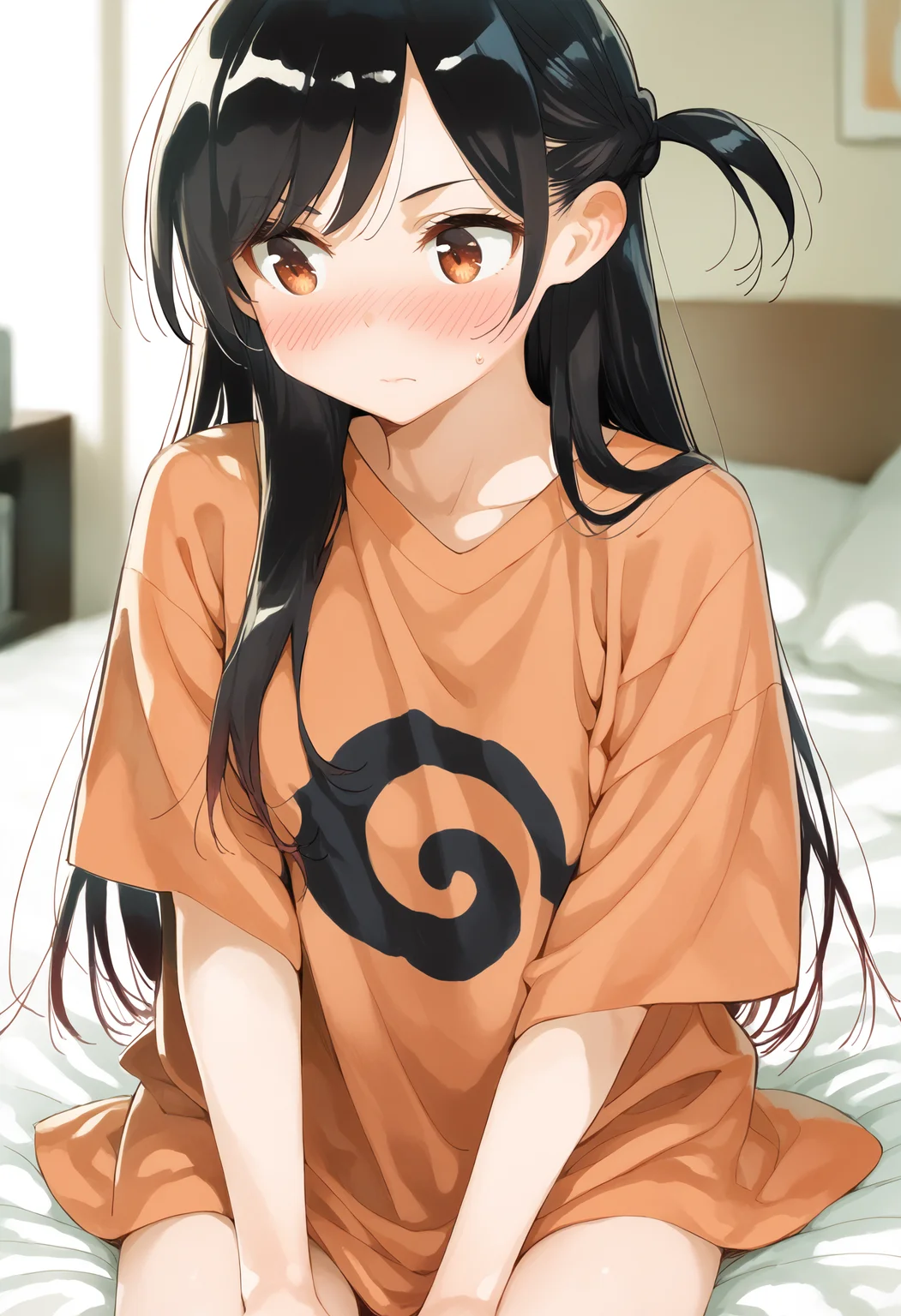 score_9, score_8_up, score_7_up, score_6_up,
by miyajima reiji, mizuhara chizuru, 1girl, solo, long hair, spiral print shirt, black hair, orange shirt, looking away, full-face blush, t-shirt, oversized clothes, short sleeves, closed mouth, brown eyes, bottomless, cowboy shot, oversized shirt,
indoors, on bed, sitting, futon, sweatdrop,
masterpiece, best quality
<lora:kanojookarisimasu_v10:1>