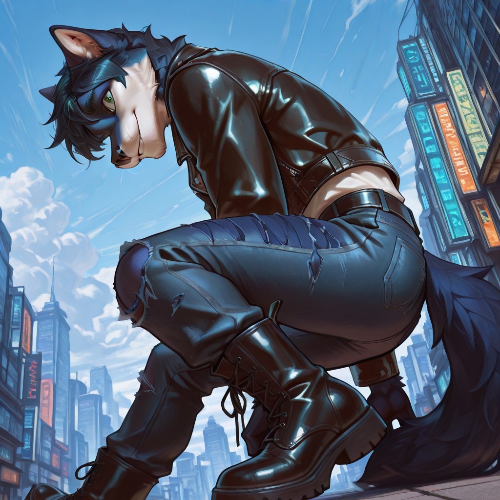 highly detailed, best quality, masterpiece, detailed background, detailed fur, detailed eyes,
1boy, Wilfred Howlett, green eyes, blue eyelids, smiling, 
Black leather jacket, white undershirt, ripped jeans, black boots, low angle, side view,
Outdoors, city, futuristic background