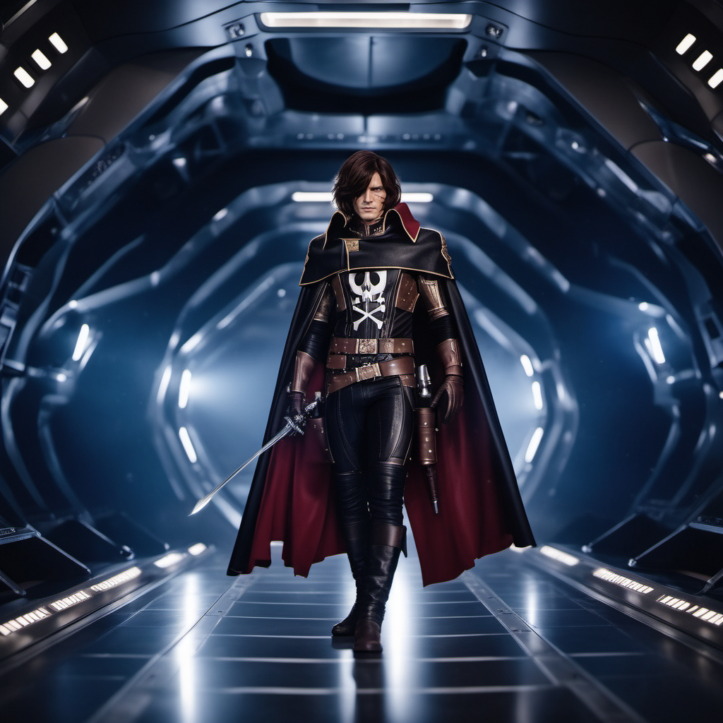 cinematic photo a full body man, solo, cape, brown hair,  scar, black gloves,sword, in a spaceship<lora:Albator1024_r1:0.8> . 35mm photograph, film, bokeh, professional, 4k, highly detailed