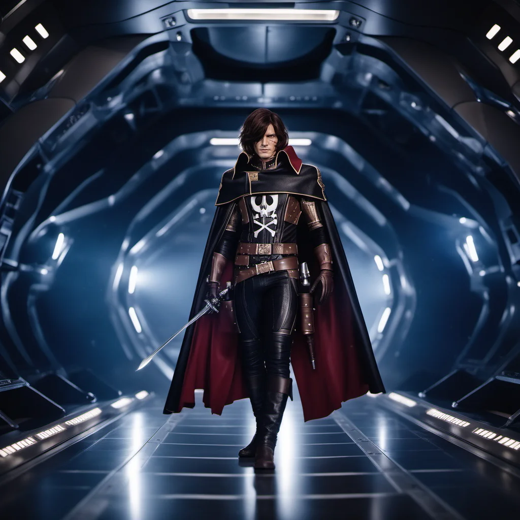 cinematic photo a full body man, solo, cape, brown hair, scar, black gloves,sword, in a spaceship<lora:Albator1024_r1:0.8> . 35mm photograph, film, bokeh, professional, 4k, highly detailed