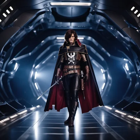 cinematic photo a full body man, solo, cape, brown hair, scar, black gloves,sword, in a spaceship<lora:Albator1024_r1:0.8> . 35mm photograph, film, bokeh, professional, 4k, highly detailed