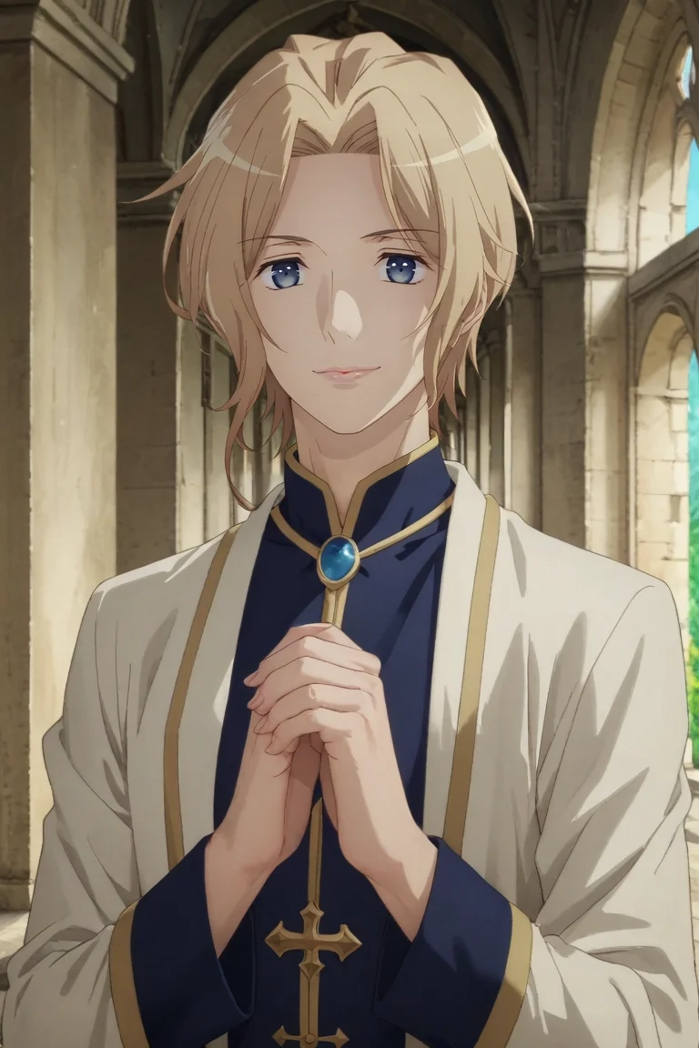 score_9, score_8_up, score_7_up, source_anime, rating_safe, , semi-realistic, looking at viewer, , 1boy, solo, male focus, <lora:keith_claes_pony:0.96>, keith_claes, blonde hair, blue eyes, short hair, bangs, upper body, palace, day, own hands together, seductive smile, irish costume, <lora:sdxl_lightning_8step_lora:1>