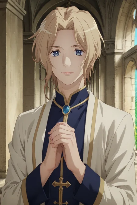 score_9, score_8_up, score_7_up, source_anime, rating_safe, , semi-realistic, looking at viewer, , 1boy, solo, male focus, <lora:keith_claes_pony:0.96>, keith_claes, blonde hair, blue eyes, short hair, bangs, upper body, palace, day, own hands together, seductive smile, irish costume, <lora:sdxl_lightning_8step_lora:1>