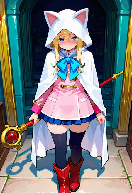 masterpiece, best quality, amazing quality, newest, ,Devout_cos,cat hood,pink dress,white cape,bow,skirt,staff,thighhighs,boots,748cmstyle