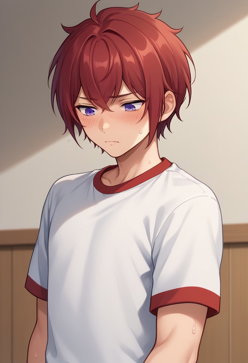 score_9, score_8_up, score_7_up, source_anime, highly detailed, 
tsukasasuou, 1boy, male focus, solo, red hair, looking down, purple eyes, sweat, sweatdrop, blush, tired, parody, upper body, gym uniform,
indoor, stage
