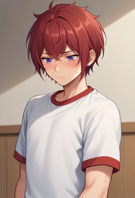score_9, score_8_up, score_7_up, source_anime, highly detailed,
tsukasasuou, 1boy, male focus, solo, red hair, looking down, purple eyes, sweat, sweatdrop, blush, tired, parody, upper body, gym uniform,
indoor, stage