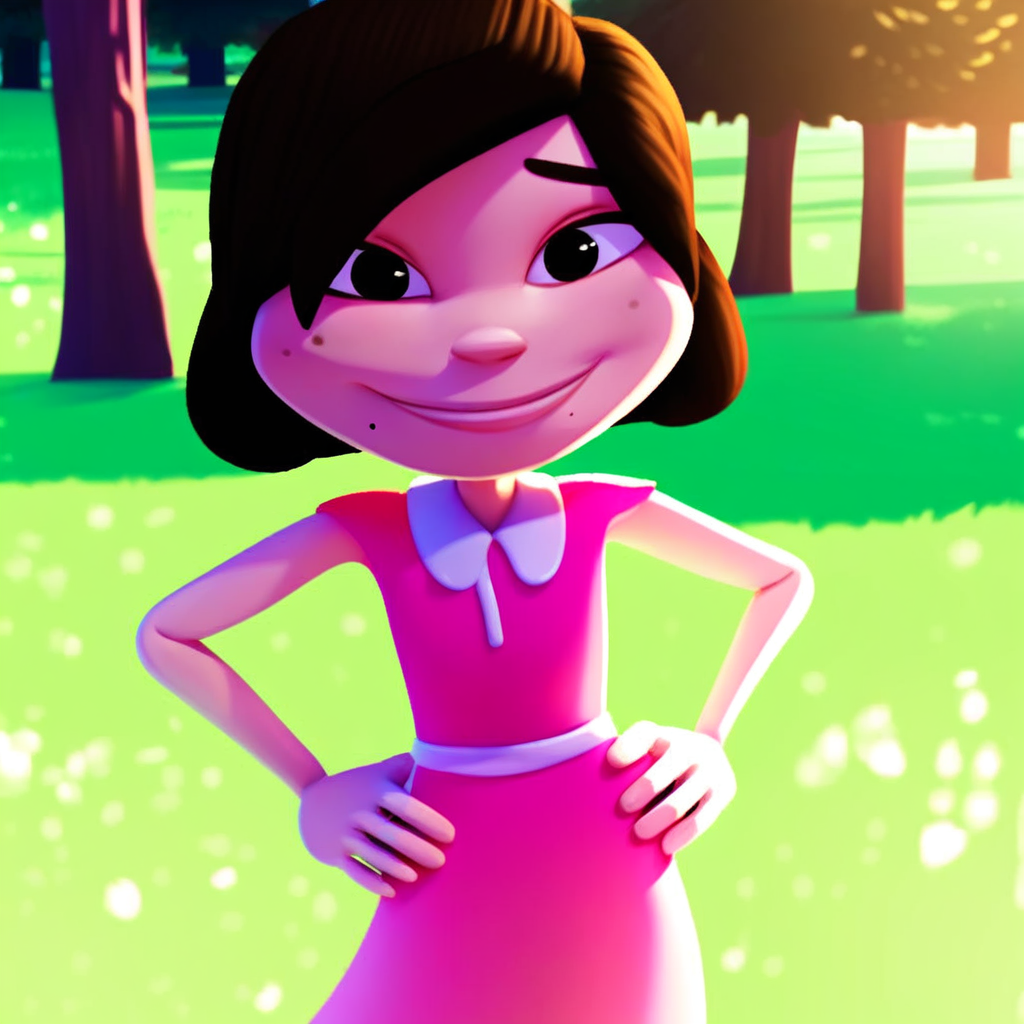 score_9, solo, betty_jn, brown hair, short hair, black eyes, mole, pink dress, hands on hips, looking at viewer, smile, tree, grass, natural lighting