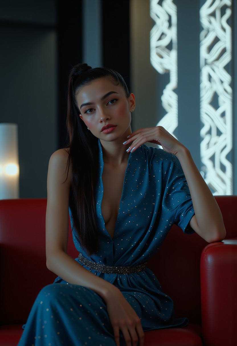 professional photo. cinematic style. masterpiece.
The front view is close, at eye level. This is a shot from a movie with a seductive turkish woman with blue eyes, sitting in a indirectky lightened environment, long black hair with ponytail.  She is wearing a strict sexy blue tight-fitting dress with tiny stones decorations, cleavage and an opened collar to the middle of her thighs. charismatic tatoo on her left arm. Relaxed pose, bare arms, hands resting on the railing of the sofa.  She crossed her legs on the sofa. Feminine figure, wide hips. Perfect hands with white colored nails. She has a confident expression on her face and playful twinkles in her eyes, Looking at us. perfect makeup on her face with mascara and eyeshadow. The sofa she's sitting on is red colored leather. The overall atmosphere of the shot is seductive sophistication and cold passion, minimalism and clean lines. exquisite seduction. The frame of the film is made qualitatively, professionally, with a clear focus. (woman is brightly illuminated by soft artificial light from above). 
The background is made in a minimalist style, with a gradient of dark white tones, far behind in defocus is an illuminated wall of complicated panels, which enhances the airy atmosphere of the scene and the depth of field. The overall composition looks cinematic.  Beautiful bokeh. Hollywood Cinematic Film style.  indirect sexy lights.  light focus on the subject.
(depth of field), aidmamj6.1