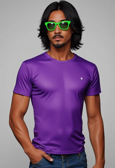 1man, medium hair, black hair, green-framed eyewear, green sunglasses,goatee stubble, tan skin, dark-skinned male, purple shirt, T-shirt, jeans, short sleeves,perfection style