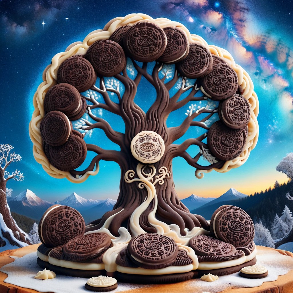 an ancient tree carved from creamy cookies, its bark textured with swirling frosting patterns and roots sprawling like ribbons of soft dough, leaves dusted with powdered sugar, glowing faintly under an enchanted sky, made of creamy cookies
