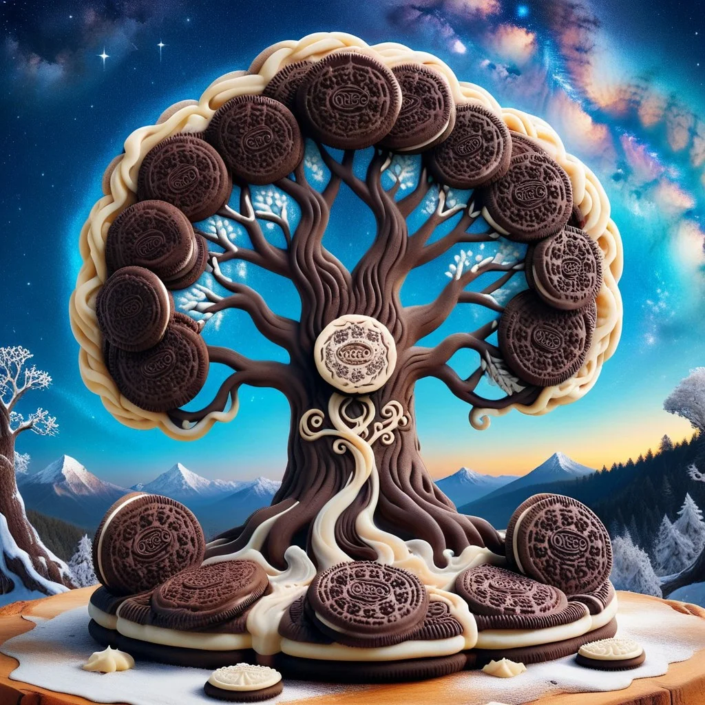 an ancient tree carved from creamy cookies, its bark textured with swirling frosting patterns and roots sprawling like ribbons of soft dough, leaves dusted with powdered sugar, glowing faintly under an enchanted sky, made of creamy cookies