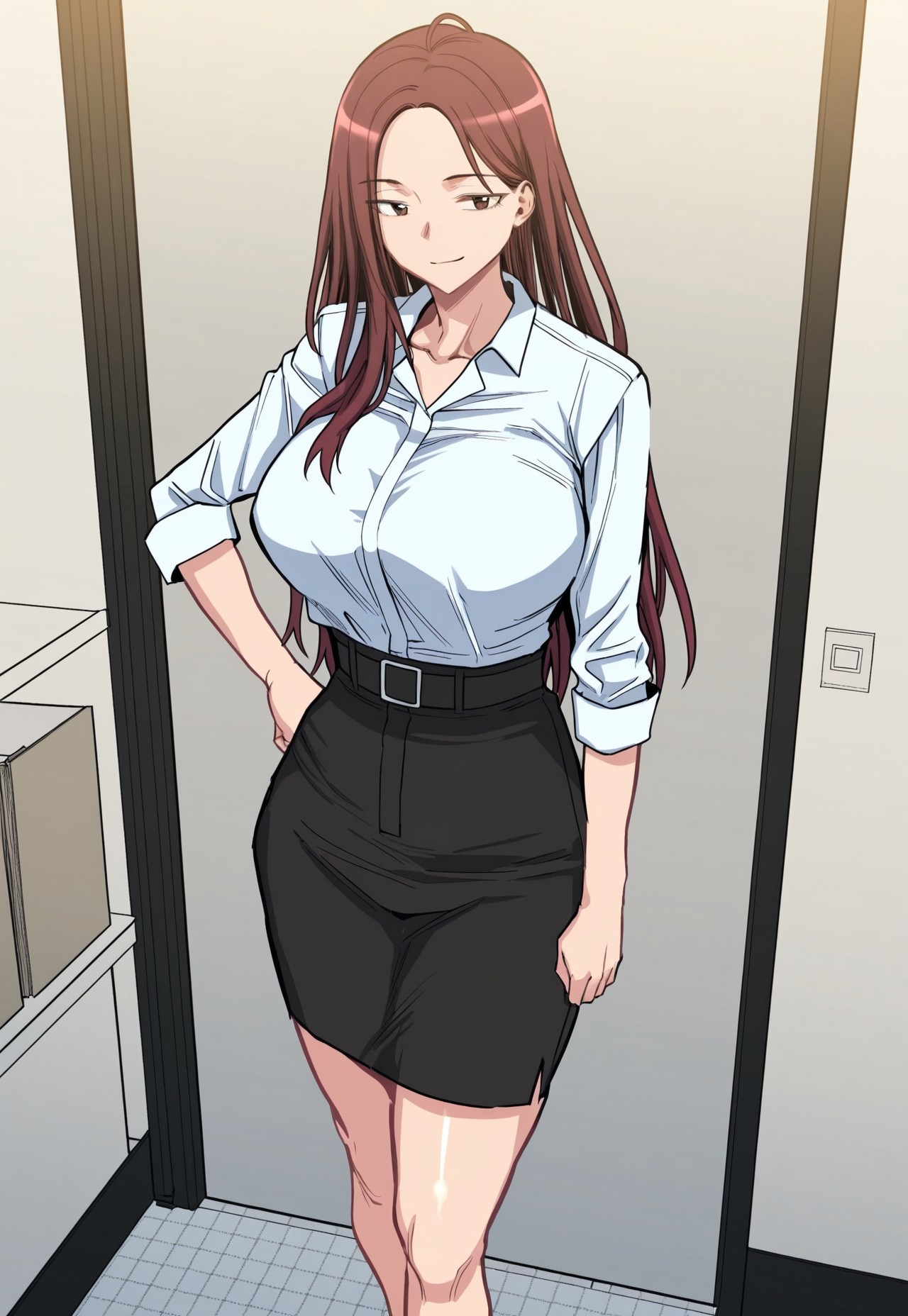 kang mijung, long dark red hair, side-swept bangs, large breasts, wide hips, mature woman, manhwa, lucky guy  
wearing a tight white blouse tucked into a high-waisted black pencil skirt, blouse slightly stretched at the chest, slim belt around waist, standing pose with confident posture  
one hand resting on hip, slight smirk, body angled slightly to the side, solo character  
office interior background, clean lighting, full body, color