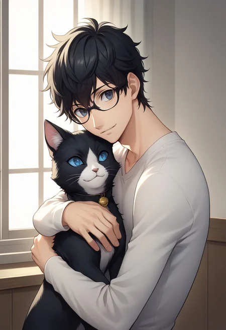 score_9, score_8_up, source_anime, highly detailed, 1boy, solo, male_focus, slender, skinny,
ren, 1boy, cat, black hair, glasses, male focus, shirt, black cat, animal, hug cat, black eyes, blue eyes, smile,
indoor,