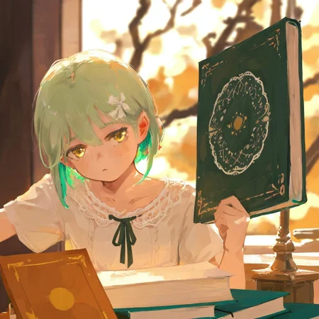 original, masterpiece, best quality, very aesthetic, absurdres, <lora:xilmofornoob:0.95>, 1girl, upper body portrait (emphasized), chest-up framing, close-up composition, light green hair, golden eyes, short hairstyle with curled ends, white silk hair bow, French rococo children's dress, puffed short sleeves, lace collar, embroidered bodice, tree hollow background, ancient oak texture, weathered wood grain, moss patches, open leather-bound book, delicate fingers holding pages, concentrated gaze, calm expression, subtle eyelid shadows, soft cheek highlights, underage female child, petite frame, flat chest, porcelain skin, warm ambient light, golden hour glow, paper texture details, illuminated manuscript style pages, antique brass book clasp, hair strand details, satin ribbon texture, lace embroidery precision, shallow depth of field, bokeh effect, centered composition, symmetrical framing, no lower body elements