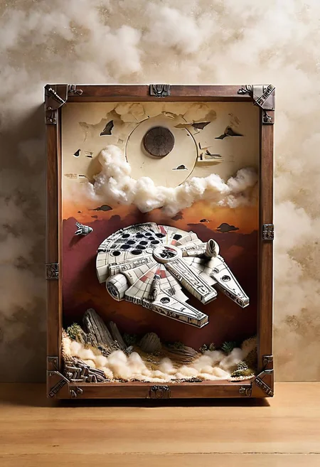 Craft a mystically weathered wooden shadow box By night, aged by time and adorned with the enigmatic allure of plastic Stone and wooden StarWars figures. Millennium Falcon flying through fluffy Clouds themed, Immerse yourself in the ancient whispers of the past as you arrange these epic creations, weaving a tale of time-worn charm within the timeworn confines of the shadow box. In a DARK and foggy room