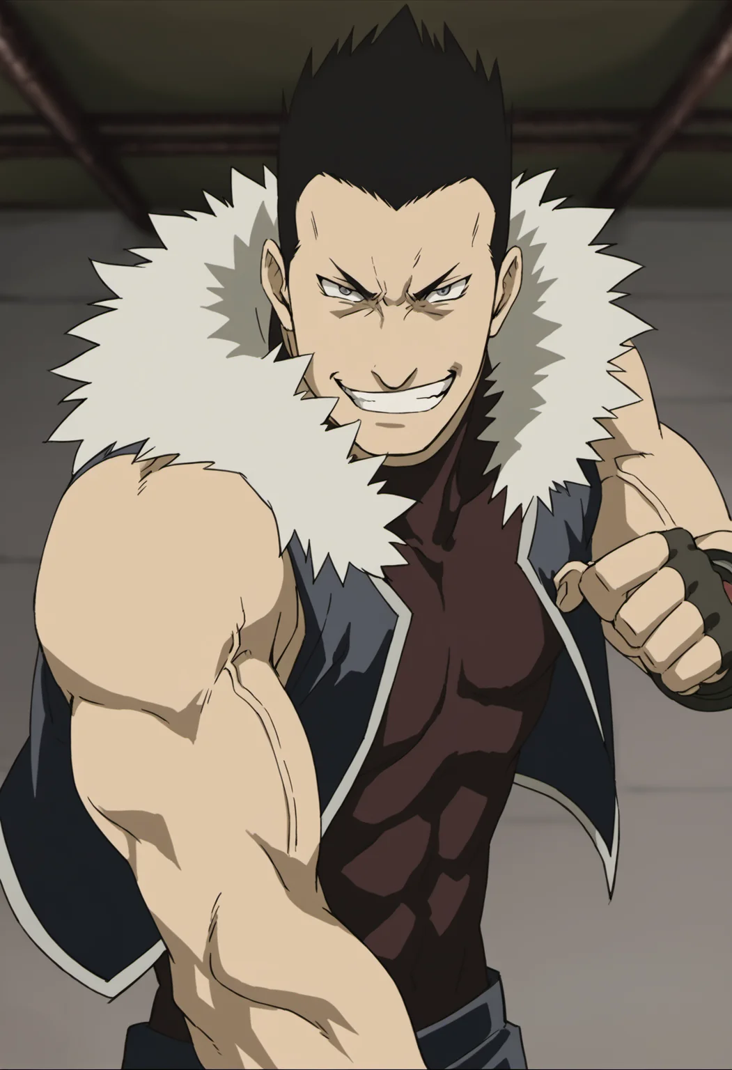 1boy, Greed_fma, very short hair, veiny arms, tight dark red shirt, sleeveless, black vest, open vest, fur trim, score_8_up, score_7_up, score_6_up, score_9_up, manly, muscular, muscle, a muscular man in warehouse, centered, looking at viewer, face_focus, detailed eyes, 8k uhd, high quality, anime color,grin,fight pose