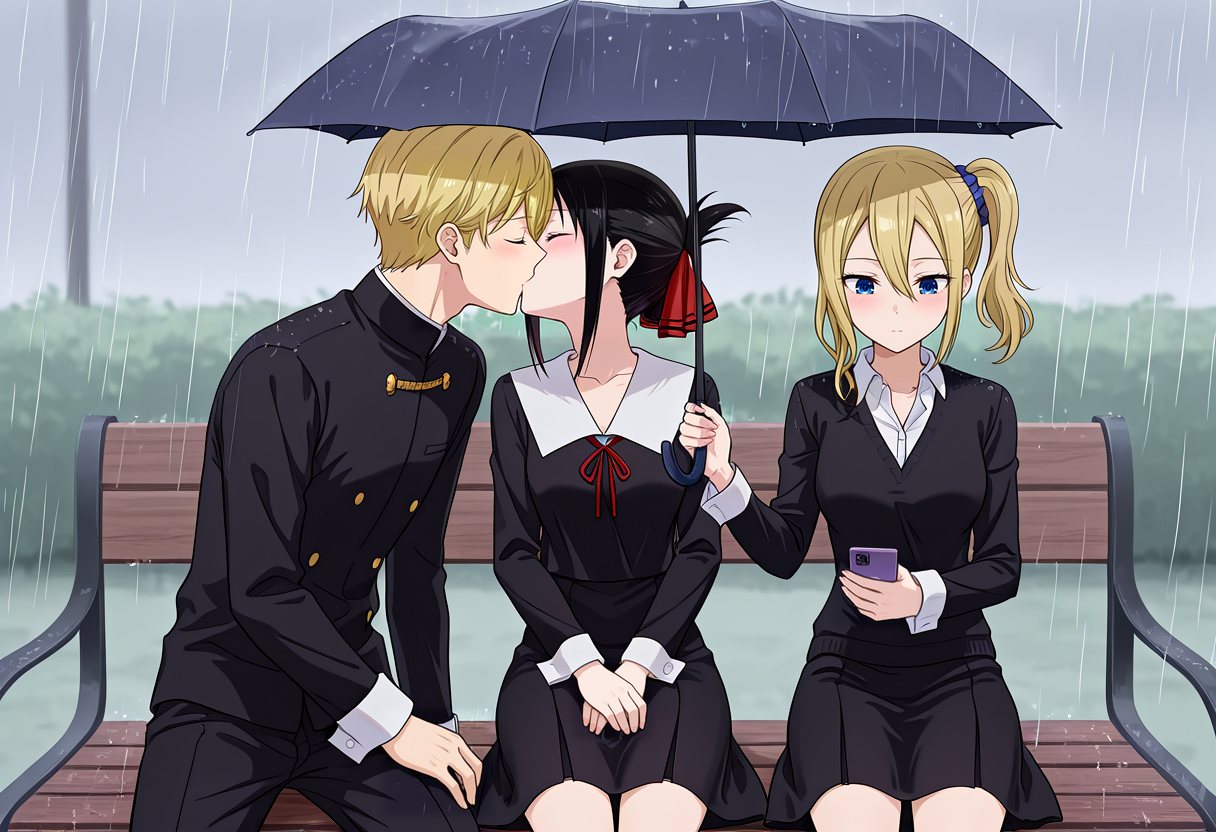 masterpiece, high quality, amazing detail, guy_holding_umbrella_over_kissing_couple_(meme), blush, 2girls, 1boy, sitting, bench, rain, shuuchiin academy school uniform 
BREAK
shinomiya kaguya, (shirogane miyuki, blonde hair), closed eyes, kiss,
BREAK
hayasaka ai, holding umbrella, shared umbrella, looking down, looking at phone, holding phone, closed mouth,
<lora:guy_holding_umbrella_over_kissing_couple_meme:0.8>
