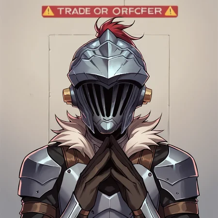 score_9, score_8_up, score_7_up, score_6_up,
BREAK 1boy, <lora:GS13:1> gs_slayer, helmet, visor \(armor\), fur trim, armor, gloves, vambraces, <lora:TradeOfferMeme_XLPD:1> tradeoffermeme