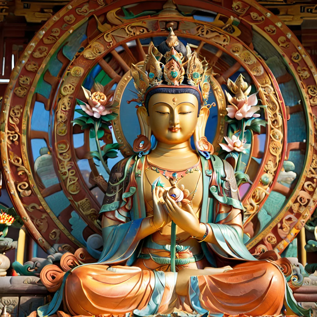 <lora:SDXLä½åå¤©å å½åè©è©:0.7>,, Maitreya of the Heavenly Crown, tall and elegant in appearance, wearing a crown of five Buddhas, a large Dharma wheel with Buddha's light behind his head, wearing a cassock with delicate patterns, bare right arm, fearless seal in his right hand, holding a lotus in his left hand, sitting on a lotus seat, dressed as an ancient monk, Peaceful expression, (gold, gorgeous details, brilliance), aura, ethereal atmosphere, (best quality, 4k, 8k, high resolution, masterpiece: 1.2), ultra-detailed, (realistic: 1.37), traditional Buddhist art, texture Rich, vibrant colors, warm lighting, sunrise background, sparkling, delicate features, 3D rendering, cloisonnÃ©, 8K, best quality, blurred, bokeh, depthoffield, filmgrain, glisteningskin, HDR, highres, Kodakportra400, lens flare, masterpiece, photography,   RAW photo, realistic, shar pfocus, ultra detailed, ultra highres, vibrant color, <lora:å¯ºå»:0.3> (Chinese temple:1.5), forest ,lake, mountains, reflection of the water, ambient lighting, epic composition, detailed matte painting, cloisonnism, (photorealistic:1.4), (best quality:1.0), (ultra highres:1.0),  RAW photo, (masterpiece), ultra-detailed,  smooth, sharp focus, 8K ,Tyndall effect