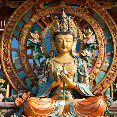 <lora:SDXLä½åå¤©å å½åè©è©:0.7>,, Maitreya of the Heavenly Crown, tall and elegant in appearance, wearing a crown of five Buddhas, a large Dharma wheel with Buddha's light behind his head, wearing a cassock with delicate patterns, bare right arm, fearless seal in his right hand, holding a lotus in his left hand, sitting on a lotus seat, dressed as an ancient monk, Peaceful expression, (gold, gorgeous details, brilliance), aura, ethereal atmosphere, (best quality, 4k, 8k, high resolution, masterpiece: 1.2), ultra-detailed, (realistic: 1.37), traditional Buddhist art, texture Rich, vibrant colors, warm lighting, sunrise background, sparkling, delicate features, 3D rendering, cloisonnÃ©, 8K, best quality, blurred, bokeh, depthoffield, filmgrain, glisteningskin, HDR, highres, Kodakportra400, lens flare, masterpiece, photography,   RAW photo, realistic, shar pfocus, ultra detailed, ultra highres, vibrant color, <lora:å¯ºå»:0.3> (Chinese temple:1.5), forest ,lake, mountains, reflection of the water, ambient lighting, epic composition, detailed matte painting, cloisonnism, (photorealistic:1.4), (best quality:1.0), (ultra highres:1.0),  RAW photo, (masterpiece), ultra-detailed,  smooth, sharp focus, 8K ,Tyndall effect