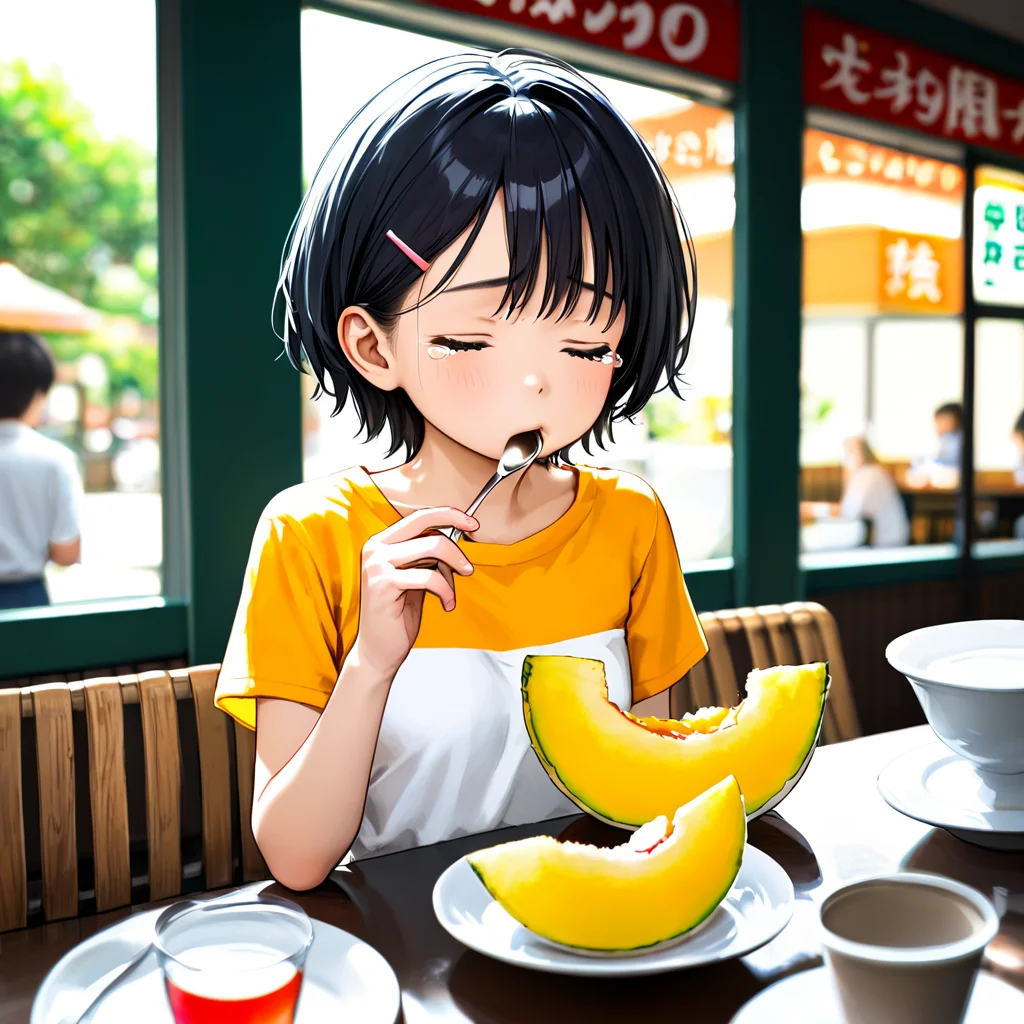 score_9, score_8_up, score_7_up, source_anime, best quality, perfect anatomy , very aesthetic , absurdres ,
1girl, young girl, small breast, very short hair, round face, hair clip on front hair,
graphic t-shirt, short pants, bare legs, sandal,
cafe, sliced melon, table, sitting,
rating_safe, upper body shot, eating, holding table-spoon, closed eyes, tearing up, yummy, <lora:melon_3x3x3mixxlv2_sdxl:1.3>,