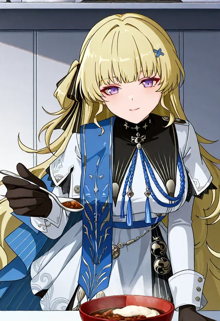 1girl, solo, phoebe wuthering waves, blonde hair, purple eyes, black gloves, blue sash, side cape, blue cape, long sleeves, white dress, white pantyhose, looking at viewer,
holding spoon toward viewer, soft smile, leaning slightly forward, pov spoon feeding, cozy kitchen, mid-range, upper body, steam rising from bowl, intimate and warm
, <lora:Character_Phoebe-000015:0.8>