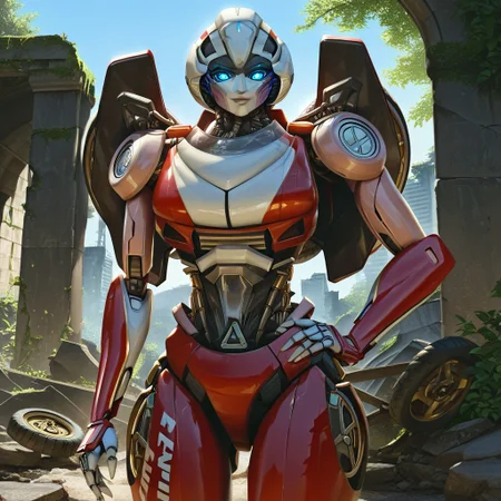score_9, score_8_up, score_7_up, masterpiece, best quality, solo, 1girl, detailed eyes, screencap, looking at viewer, perfectly drawn face, perfectly drawn eyes, waist-up shot, bust view, arceerotb, autobot, 1girl, red and white body, mechanical parts, robot, helmet-like head, robotic face, glowing blue eyes, autobot symbol on forehead, fairing-like chest, wheels on back, 'ducati' printed on right leg, narrow waist, unique pose, sunny, looking at viewer, outdoors, hand on waist, soft smile, photorealistic, machu picchu, ruins, unique angle