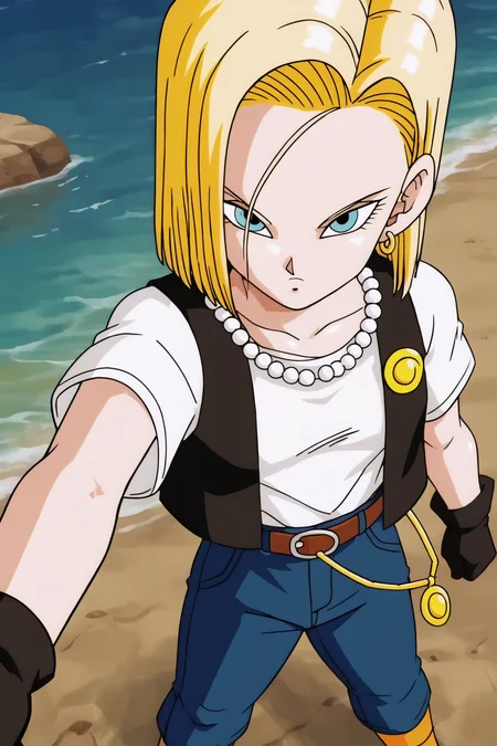 source_anime, score_9, score_8_up, score_7_up, anime screencap,
masterpiece, detailed face, android 18, cell saga, 1girl, solo, short hair, blue eyes, blonde hair, belt, looking at viewer, black gloves, forehead, shirt tucked in, white t-shirt, black footwear, badge, chain, jeans, looking at another, orange socks, high-waist pants, open black vest, pearl necklace, cowboy shot, field, tree, blue sky, ocean, selfie, from above, 
<lora:c18_pony_v1:0.8>