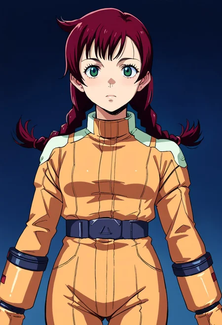 score_9, score_8_up, score_7_up, score_6_up, score_5_up, score_4_up, source_anime, zgundam pilotsuit, yellow pilotsuit, mion_hoshioka, 1girl, twin braids,