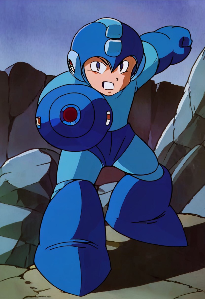 berserk, megaman, rockman, mega, rock, arm cannon, blue and cyan armor, helmet, classic, 1boy, kid, child, male, solo