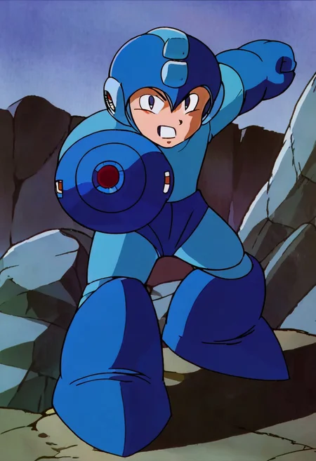 berserk, megaman, rockman, mega, rock, arm cannon, blue and cyan armor, helmet, classic, 1boy, kid, child, male, solo