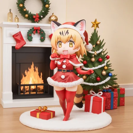 1girl, ((solo)), best quality, ultra-detailed, extremely detailed, perfect anatomy, masterpiece, score_9, score_8_up, score_7_up, Expressiveh, sand cat \(kemono friends\), 1girl, cat girl, cat ears, blonde hair, short hair, yellow eyes, cat tail, elbow gloves, bowtie, christmas tree, christmas decoration, christmas ornaments, underneath Christmas tree background, indoors, santa cosplay, santa outfit, santa hat, santa's sack, Christmas outfit, giant sack of presents, fully clothed, Christmas themed thighhighs, thighhighs, santa's sack of presents, red ribbon collar, Christmas presents, Christmas themed, living room, fireplace, (chibi), looking at viewer, smiling, eager, excited, happy, cute, adorable, surprised, hearts, shaking hips, hip sway, swaying hips, tail movement, tail_accessory, mistletoe_on_tail, mistletoe, dynamic lighting, looking at viewer, standing, standing on one foot, posing, paw pose,