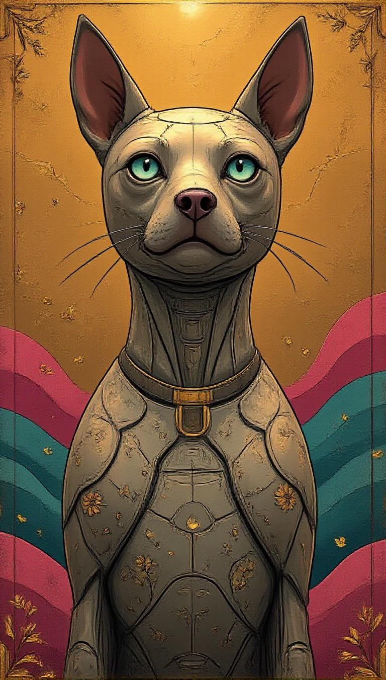 <lora:FolkCartoon.safetensors:1>  A hyperrealistic digital artwork blending organic and mechanical aesthetics, rendered in a luxurious palette of chrome silver, golden hues, and bold accents of magenta and cobalt blue. The subject is a sleek, futuristic canine figure, its form a seamless fusion of polished metallic textures and intricate floral engravings. The creature’s wide, reflective eyes, now a luminous teal, gaze upward with a curious yet sophisticated expression. Its ears, elongated and adorned with geometric patterns, catch the light, casting soft, directional reflections. The fur texture is reimagined as a mosaic of interlocking metallic plates, each etched with fluid, ornamental designs. The background is a gradient of deep, reflective gold, with abstract, symmetrical shapes in magenta and teal forming a border, evoking a sense of timeless artistry. The lighting is dramatic, highlighting the glossy, almost translucent quality of the metallic surfaces, creating depth and a luminous glow. The overall composition exudes refinement and modernity, balancing the organic warmth of the creature’s expression with the futuristic elegance of its design. A subtle watermark, etched in chrome, reads “DAN BROWN” at the bottom right corner.
