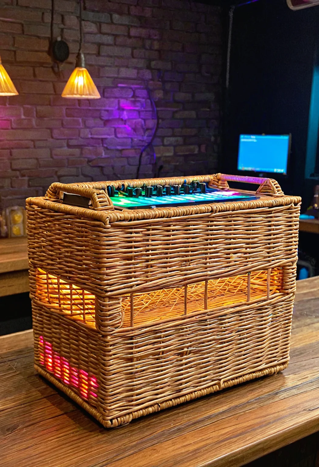 wkrstyle, a wicker DJ mixpult, in the bar, on the table, colorful lights above, dark room, only the lights are visible