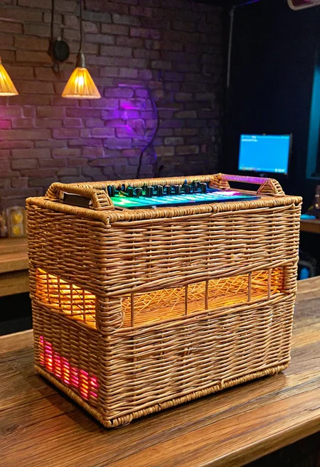 wkrstyle, a wicker DJ mixpult, in the bar, on the table, colorful lights above, dark room, only the lights are visible