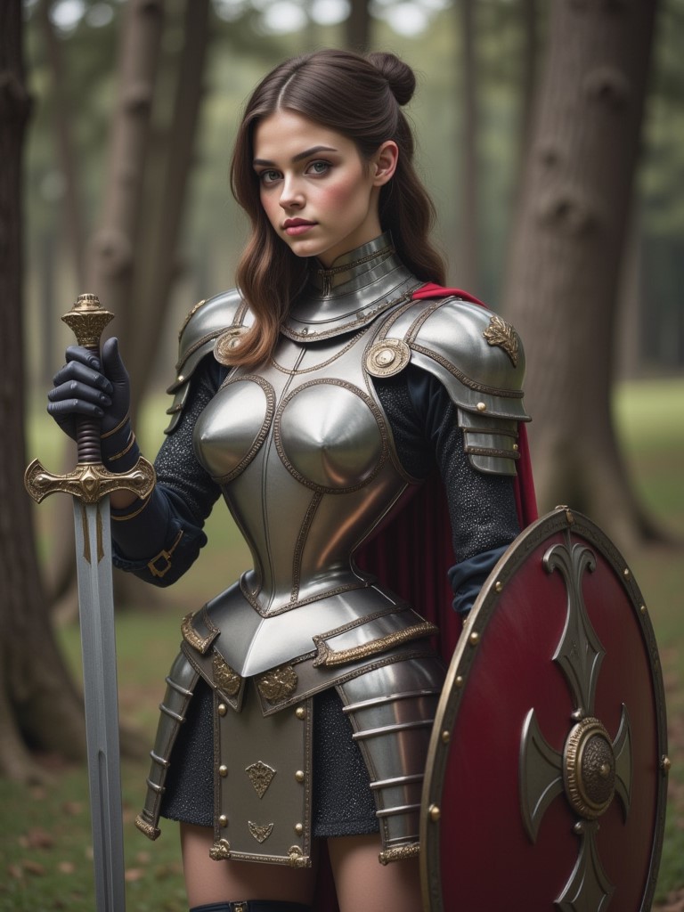 A noblewoman in full plate armor, complete with a sword and shield, yet with a tiny waist visible beneath the armor. The unexpected combination of medieval strength and delicate femininity can create a striking image. <lora:tiny_waist_flux_v1:1.1>