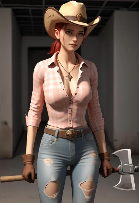 1girl, red hair, medium hair, sidelocks, ponytail, green eyes, cowboy hat, necklace, cleavage, pink shirt, checkered shirt, belt, torn jeans, gloves, standing, indoors, abandoned hospital, night, holding axe <lora:rose_of_sharon_cassidy:0.8> score_9, score_8_up, score_7_up, score_6_up, score_5_up, score_4_up, BREAK source_anime, masterpiece, 3d, game, 3d model, game hud