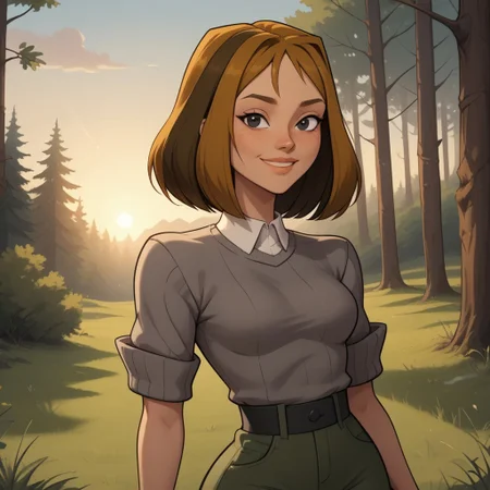 score_9, score_8, BREAK, solo, brown hair, black eyes, lips, collared shirt, grey sweater, short sleeves, green pants, dark skin, freckles, breasts, Total Drama, Courtney_(Total_Drama), sexy pose, smile, outdoors, sunlight, shadows, evening lighting, natural lighting, forest, trees, grass, orange sky, sunset