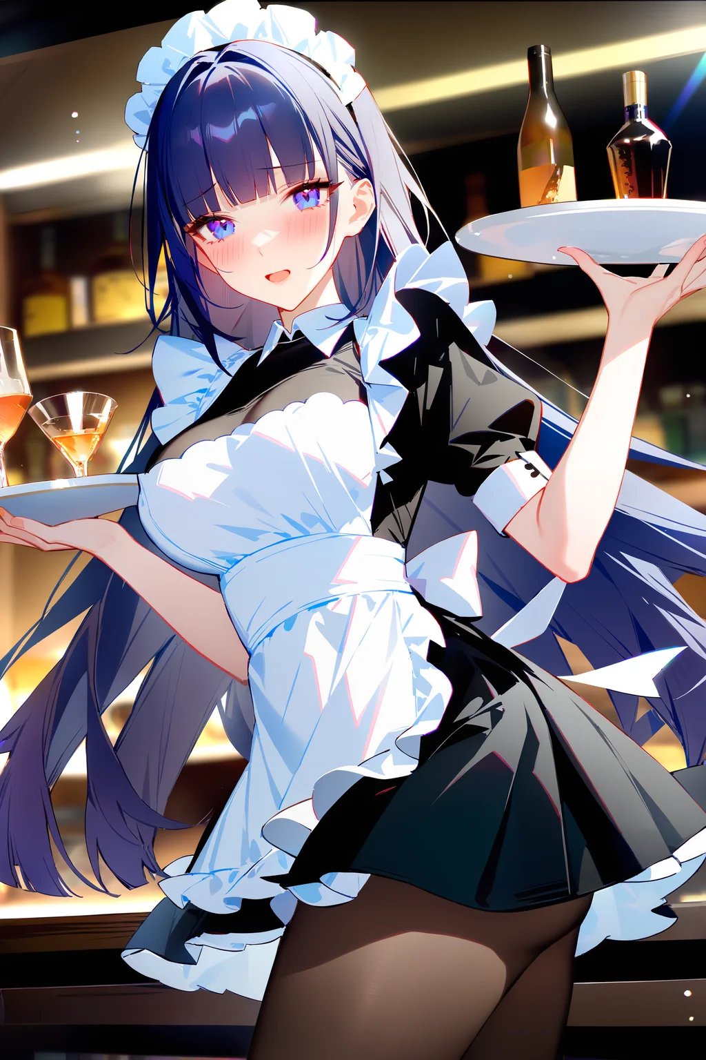 masterpiece, best quality, very aesthetic, ray tracing, newest,(hitenkei, askzy:0.5), 1girl, raiden mei, solo, maid, maid headdress, maid apron, embarrassed, pantyhose, open mouth, blush, smile, open mouth, holding plate, looking at viewer, cowboy shot, bar \(place\), indoors, depth of field  <lora:Char-Honkai-Raiden_Mei-XL-V1:0.9>